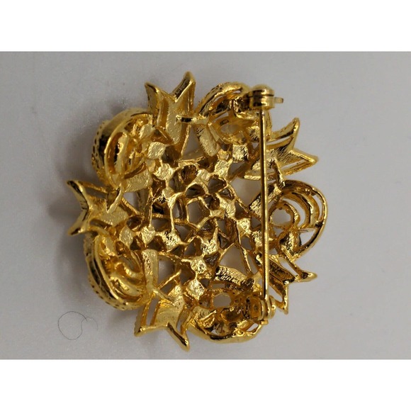 Vintage MJENT Gold Tone Wreath Style Circle Brooch With Clear White Crystal - Picture 8 of 9